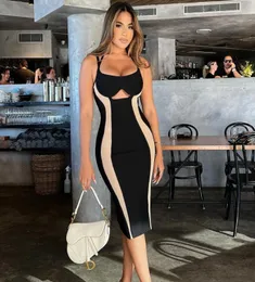 Casual Dresses 2023 Spring New Color Collision Splicing Medium Length Bag Hip Skirt Hollowed Out Suspender Dress Female2595588