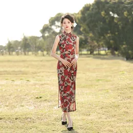 Abbigliamento etnico Lady Cinese Stile Flower Stampa Qipao Donne tradizionale Vintage Vintage Collar Cheongsam Elegante serata