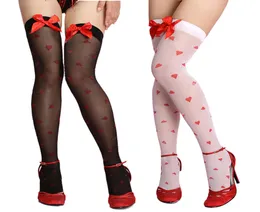 New Sexy Women Stockings Sheer Black And White Love Heart Lace Top Bows Tie Thigh High Stockings One Size New Arrival3197450