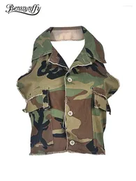 Frauen Tanks Benuynffy Camouflage Print Krawatte Backless sexy Tanktops Frauen Mode Sommerhalter Crop Top Streetwear Buttoned ausgefranste Weste