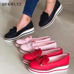 Fitness Shoes BRKWLYZ Women Tassel Sneakers Woman Slip On Ladies Soft PU Leather Sewing Flat Platform Female Fashion Loafers