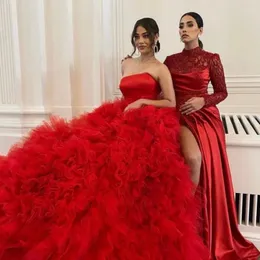Party Dresses Red Ball Gown Prom Ruffles Tiered Puff Strapless Celebrity Evening Dress Back Lace Up Girls Pageant Gowns Custom Made Made
