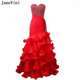パーティードレスJanevini Sparkle Beaded Red Plus Size Prom Long Sweetheart Backless Ruffles Organza Mermaid Women Evening Pageant Gowns