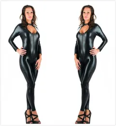 5xl Plus Size Sexy Novely Women Black Faux Leather Latex Catsuit Zipper Передняя комбинезон