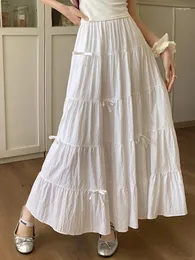 Kjolar qiukichonson bowknot midi långa kjol kvinnor 2024 koreansk söt vår sommar hög midja ruffle a-line veckad vit svart