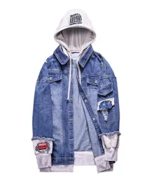 Men039sジャケットフード付きジャケットファッショナブルデニムメンフェイク2ピースクールなデザインデニンコート刺繍アウターウェア2616703