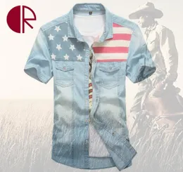 Ganzes stilvolle Herren -Denim -Shirt Hochwertige Jeans -Shirts Flagge Druck Baumwolle Kurzarm Camisa Social Men Jeans Shirts CR6176251846