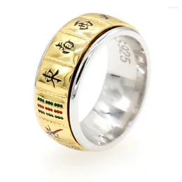 Med sidogenar 925 Sterling Silver Ring för män Kvinnor Mahjong Multi-färg emalj i ord Antik kinesisk stil personligt mode