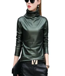 Европейский панк плюс размер женский блузка осенняя черепаха с длинным рукавом рубашка Ladies Velvet Camisas PU Кожаные блузки7144647