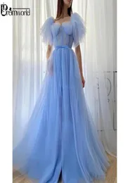 Baby Blue Evening Dresses 2021 Sweetheart Pleated Tulle Aline Long Formal Prom Party Gowns Puff Sleeves Vestidos de Fiesta7761419
