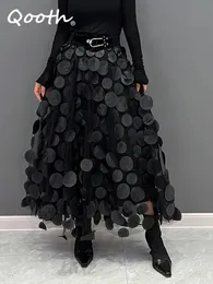 Qooth Women Polka Dot 3D Design Tulle Mesh kjol Vintage Elastic midja Long Aline Tutu Qt2176 240513