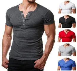 Henley Thirt Men 2019 Summer V Neck Short Shirt Shirt Shirt Homme Casual Slip Fit Button Design Tshirts XXL7595563