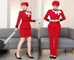 women039s二枚パンツizicflyスタイルの赤い航空会社のスチュワーデス服女性パンツスーツエルレセプションスパレストランウェイトレスユニ7485854