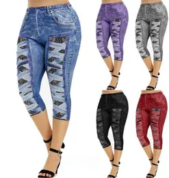 Печать короткие леггинсы Женщины Jeggings Perfect Fit Jeans Leggings High Elastic Capri Leggins Pants Summer False Denim19417181