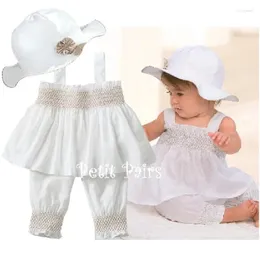 Zestawy odzieży Hooyi Baby Girls Ubrania garnitury Sun Hat Spods Outfity moda urodzona Jumpsuits Biała księżniczka 3-osobowe garnitur