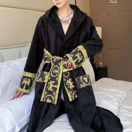 Men039S Sleepwear Luxury Winter Black Gold Paisley Velvet Robe Men Long Nightgown Hooded Warm Bath Clothing5796533