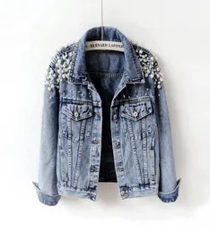 2018 Spring Autumn Women Basic Coats Women Denim Jacket Pärlor Beading Fashion Jeans Roat Loose Long Sleeve Jackets 89829892429201503