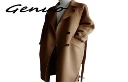Genuo New 2020 Womens Lapel Cashmere Wool Blend Belt Trench Coat Outwear Oversize Jacket Parka7194445