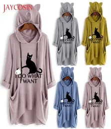 JAYCOSIN TShirt Women tops Casual Print Cat Hooded TShirt Long shirt Pocket Irregular Long Sleeves plus size women tshirt 7224014825