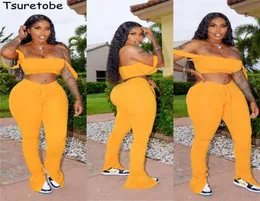 Tsuretobe streetwear 2 -stycken Set Women Crop Top och Stacked Pants Split Matching Set Shoulder Club Outfits Summer Clothes CX2007024175031