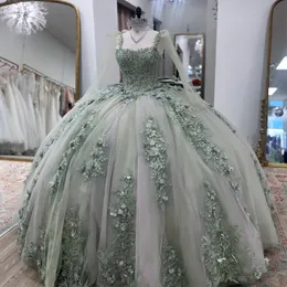 Sparkly Light Green Quinceanera Dresses Puffy Beaded Appliques Sweet 16 Ball Gown Tulle 3D Floral Vestidos XV 15 Anos Prom Gown