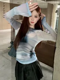 Damen T -Shirts Yedinas Krawattenfarbstoff Mesh Tops Langarm koreanische Mode sehen durch Hemd Frauen Kleidung Y2K Sheer Streetwear