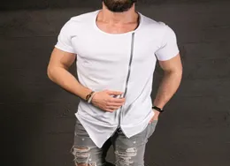 Cotton Tee Men039s Fashion Show Stylish Long T shirt Asymmetrical Side Zipper Big Neck Short Sleeve Tshirt Male Hip Hop Tee7651367