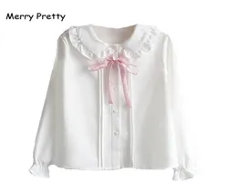 Merry Pretty Women Womenes Girls Autunno Manica lunga Peter Pan Collar Pink Bowknot White Chiffon Bloge Shirt Uniform Top 219314387