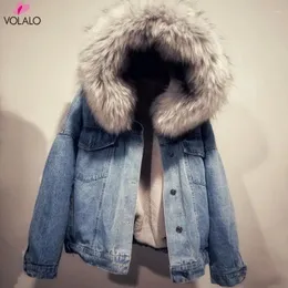 Kurtki damskie Volalo Jeans Kurtka Kobiet zimowy dżins krótki płaszcz Lady ciepłe fur