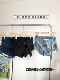 Женские джинсы Женщины Y2K Retro Solid Color Roll Up The Design Design Denim Shorts A-Line High с поясами Girls 2000-х