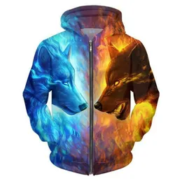 ВСЕГО CloudStyle 2017 Men 3D Hoodies Ice and Fire Wolf 3D Print Harajuku повседневная толстовка моды повседневная тонкая куртка плюс SI5799134