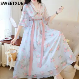 Платья для вечеринок SweetXue 2024 Fashion Kawaii Summer Women Retro Retro Hanfu Женская китайская китайская сказочная печать с распуты