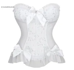 Charmian Women039s Sexy Strapless Plastic Bone White Jacquard Bride Bowknot e Ruffle Overbust Corset1450740