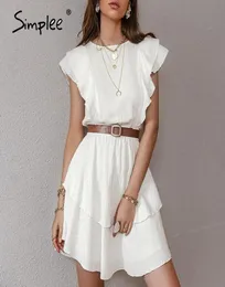단순한 흰색 면화 여성 세련된 드레스 패션 단단한 주름 중간 고리 하이 와이스트 멍청이 슬리빙 여름 여자 드레스 2021 22540493