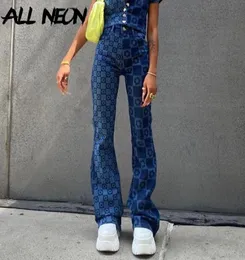 Allneon Vintage Checkered Floral High midjeflare Jeans Egirl 90 -talets modeavtryck denim baggy byxor y2k chic retro byxor mujer5478755