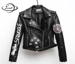 Yauamdb Women Fux Leather Jacket 2018 Spring Autumn PU SXL Female Capelly Hip Hop Abbigliamento da donna Stampa per motociclisti Y11115326966