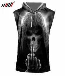 2018 Summer Tanks Men039s Cool Print Death Skull 3D Tank z Hood Man Hiphop Sleveless Blue