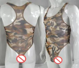 Men stringi tylne Bodysuit Elastyty High Cut Racer Back G1280 Camo Print Mesh CTHRU Patrz 9083448