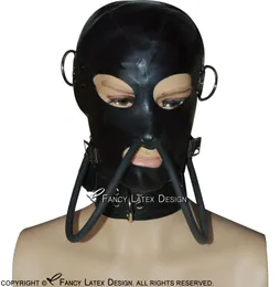 Schwarze sexy Latexhaube mit Blindzeuge Reißverschluss am Rückenatmingrohr offener Mund Nase Augen Gummi -Maske 01128935100