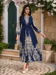 الملابس العرقية عيد الحزب الإسلامي لباس النساء طباعة رمضان أبيا الحزام الطويل المغرب Kaftan Vestidos Largos Dubai Turkey Robe Jalabiya