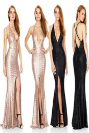 Nyaste 2018 Maxi Dress Deep Vneck Hollowout Strap Sexig Long Prom Party Dress Empire Split paljetter Evening Dresses7584086