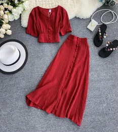 MUMUZI Fashion women outfits 2019 short design front buttons tops and long skirt 2pcs set solid color side open skirt and blouse7833431