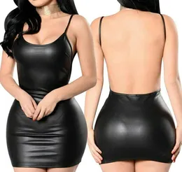 Propcm Sexy Faux Leather Dress Club Backless Party Drs Drs Solid Black Wet Look LATEX BodyCon Push Up Bra Mini Micro4240396