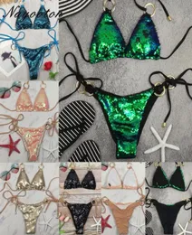 Nayooton Women Shiny paljett Triangel Bikini Set Sexig String Beachwear Cross High Neck Halter Baddräkt Låg midjebaddräkt 210302216794