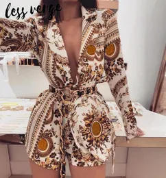 lessverge Floral print gold 2 piece set women blazer shorts Long sleeve sexy v neck coat suit Winter two piece outfits ensemble5065076