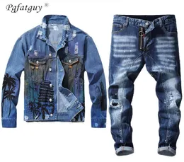 Men039S Vintage Blue Jeans Set 2020 Frayed Slim Denim Jacket och Stitching Jean 2st Set Mens Letter Print Jacket Hole Pant9363971