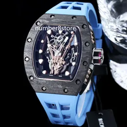 066 fibra de carbono masculino automático assistir esqueleto Dial Tonneau Wristwatch Sapphire Crystal impermeável relógios de luxo de borracha azul