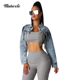 Mutevole Women Casual Extra Short Denim Jacket Autumn Long Sleeve Tassel Jacket Button Wid Down Collar Sexy Crop Jeans4706151