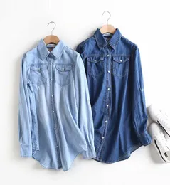 Women039s Bluses Shirts 2021 Spring Women Slim Long Sleeve Blue Vintage Washed Denim Shirt Plus Size Size Casual Blue Jeans SH5573467