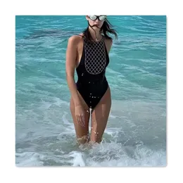 Kvinnors designer bikini kvinnor baddräkt en bit sommarstrand sexig hängande hals spets öppen rygg triangel bikini högkvalitativ mångsidig kvinnors svarta baddräkt